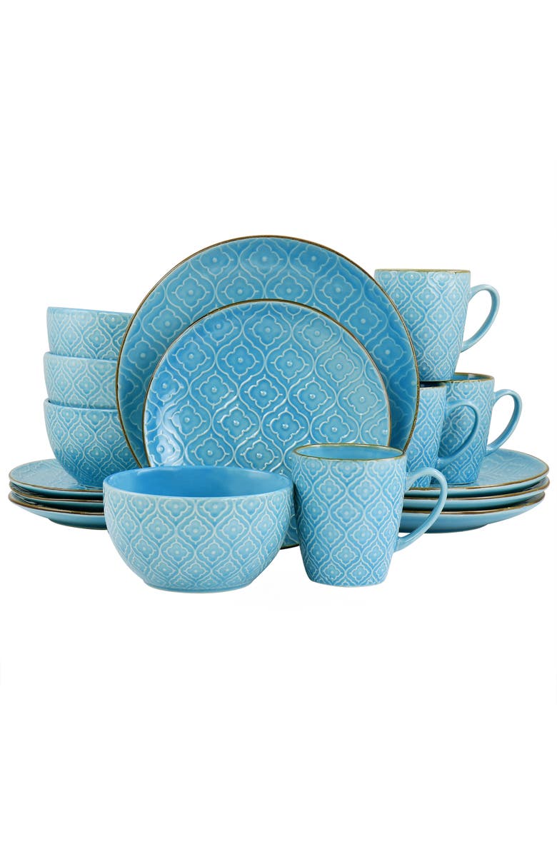 Elama Aqualite 16 Piece Embossed Stoneware Dinnerware Set, Main, color, Teal