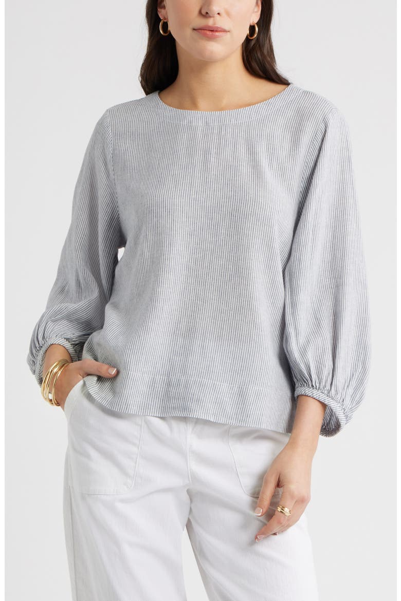 Balloon Sleeve Linen Blend Top, Main, color, BLUE VINTAGE LEAH STRIPE