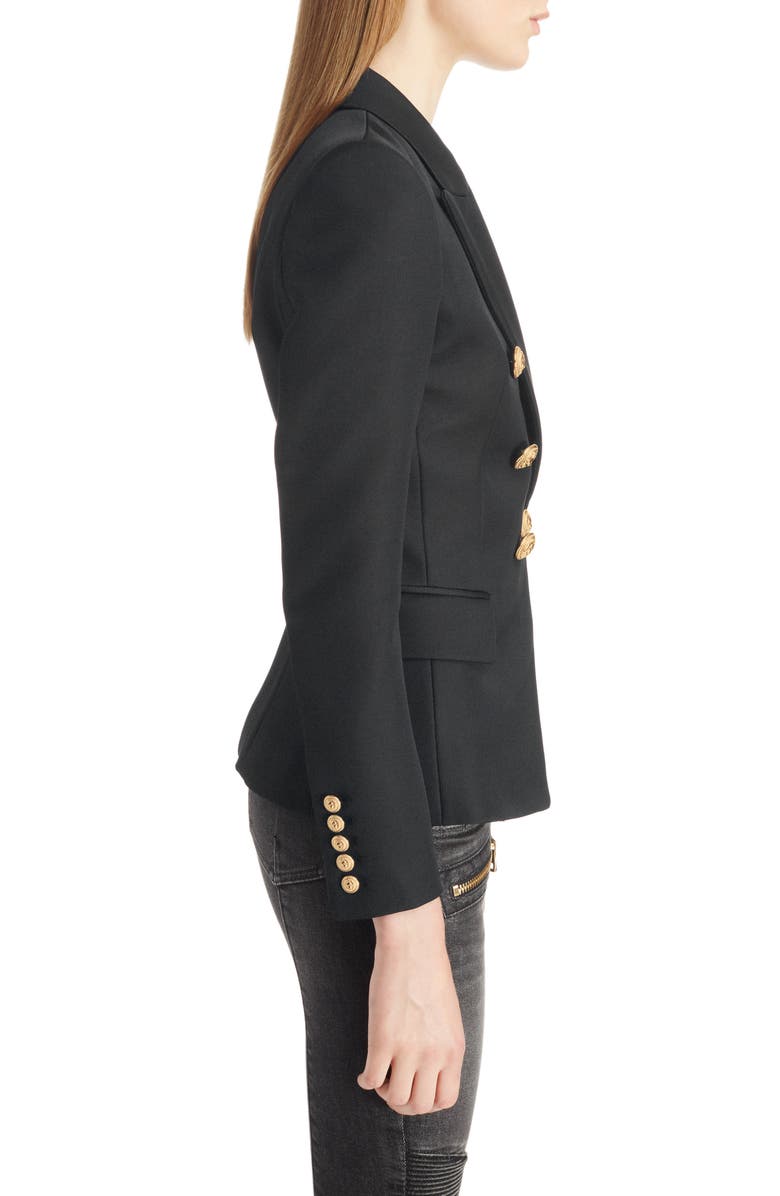 Balmain Double Breasted Wool Blazer, Alternate, color, Black