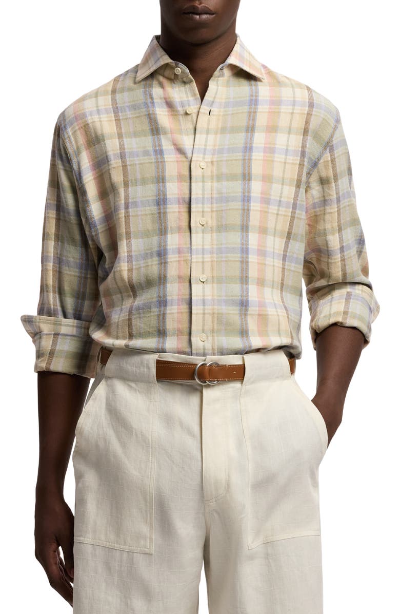 Ralph Lauren Purple Label Plaid Hemp & Cotton Button-Up Shirt, Main, color, Cl Cream Multi