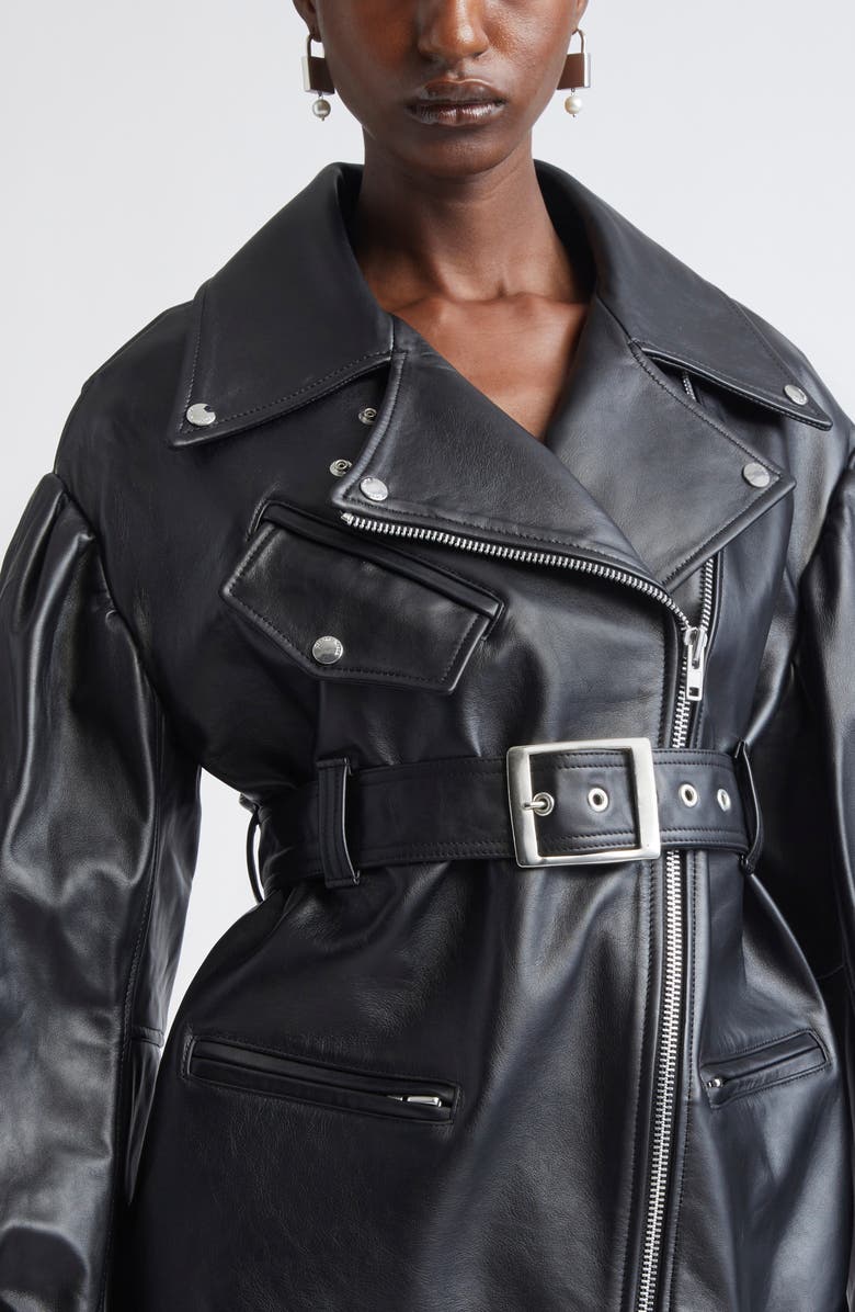 Simone Rocha Puff Sleeve Leather Biker Jacket, Alternate, color, Black