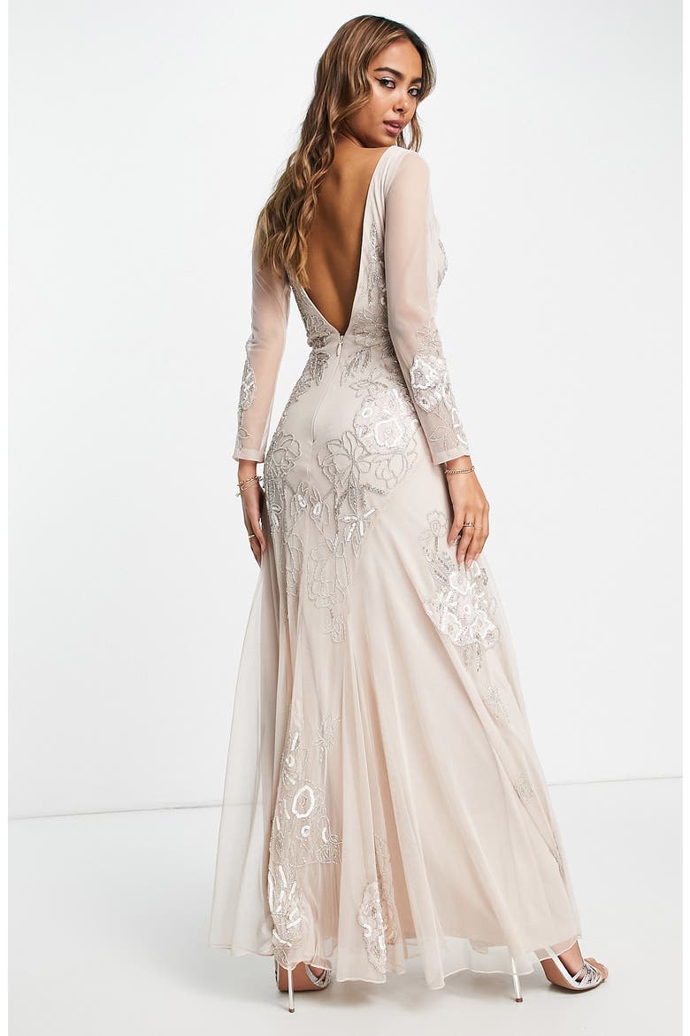 Floral Long Sleeve Maxi Dress, Alternate, color, NUDE