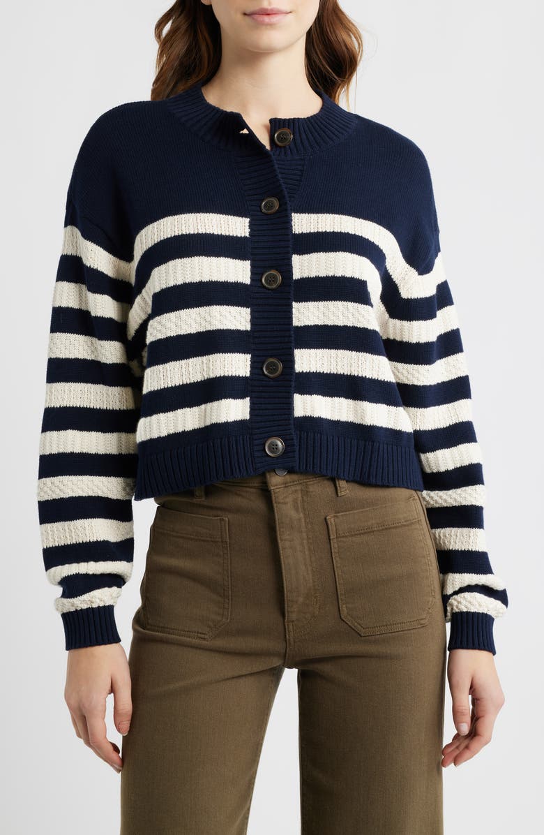 FRAME The Variation Stripe Cotton Cardigan, Main, color, Navy Multi