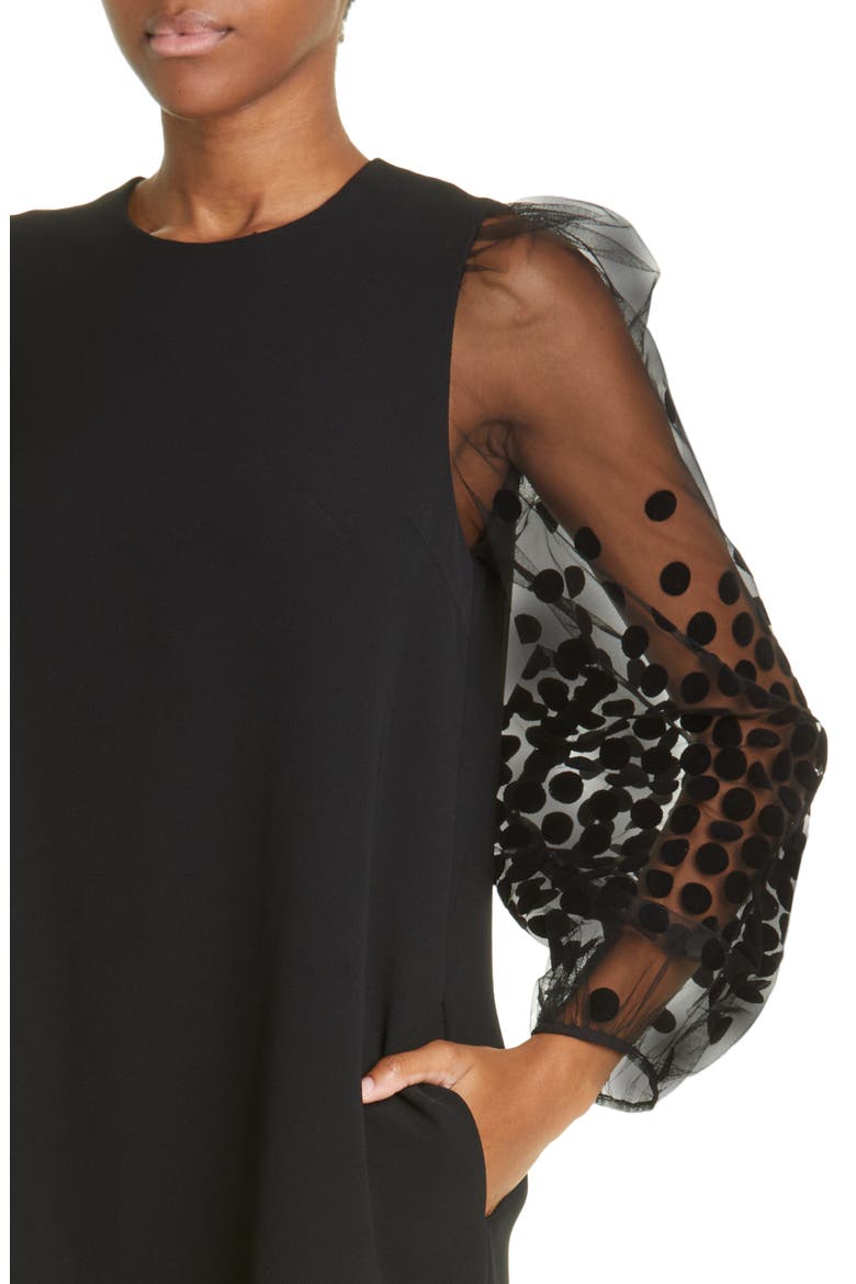 Flocked Dot Long Sleeve Shift Dress, Alternate, color, BLACK