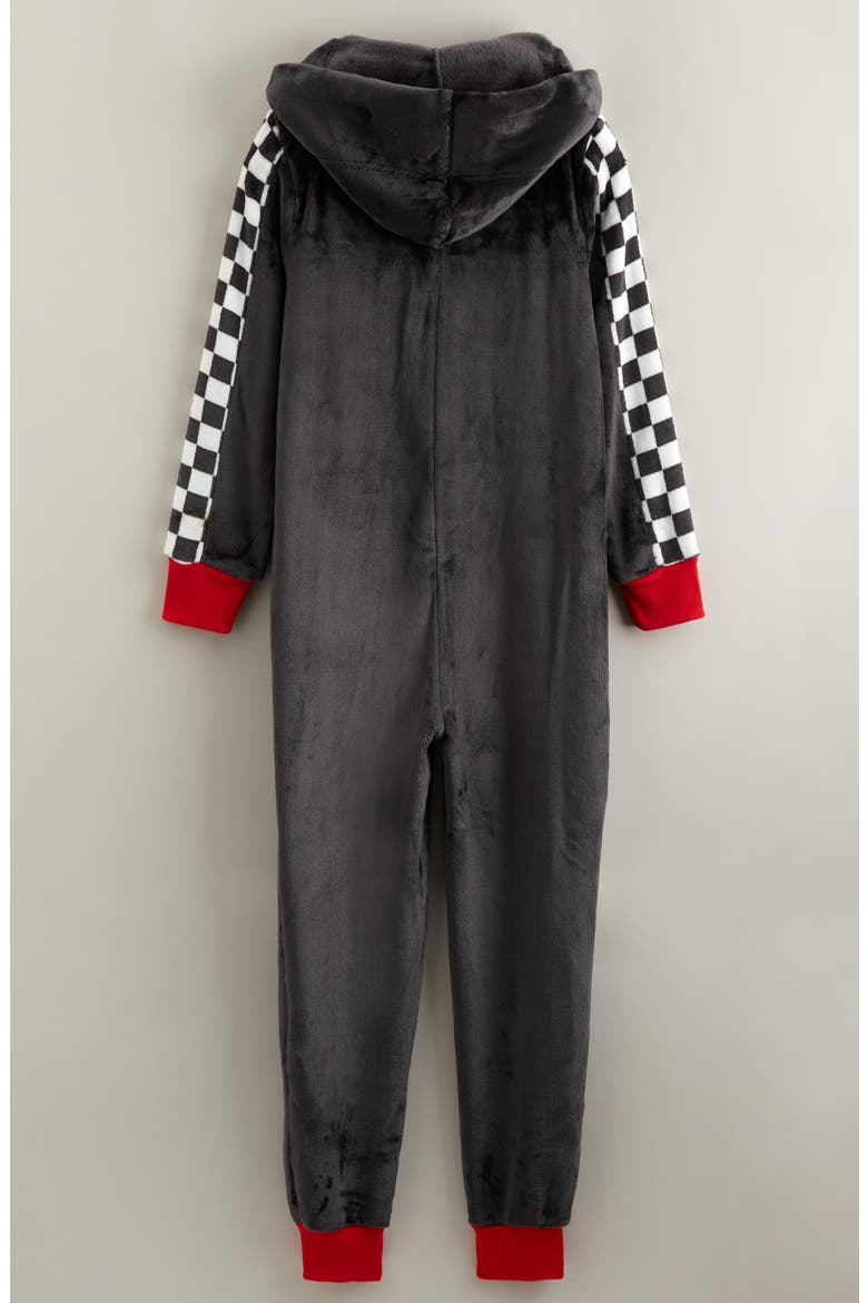 Kids' Hooded Fleece Sleeper Romper, Alternate, color, RED- BLACK RACER FLAG