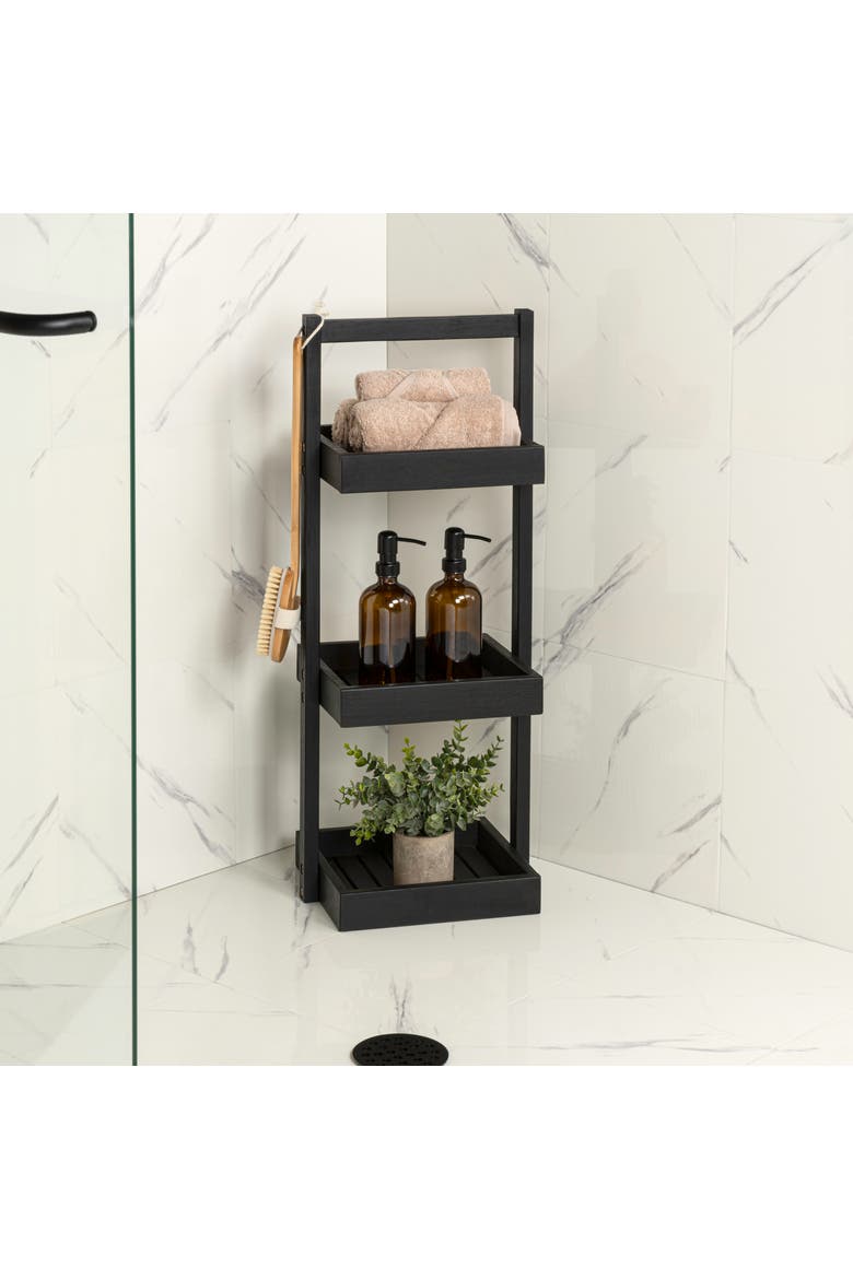 Tilly 30" Classic Rustic 3-Tier Acacia Wood Freestanding Bathroom Shower Caddy, Alternate, color, Black
