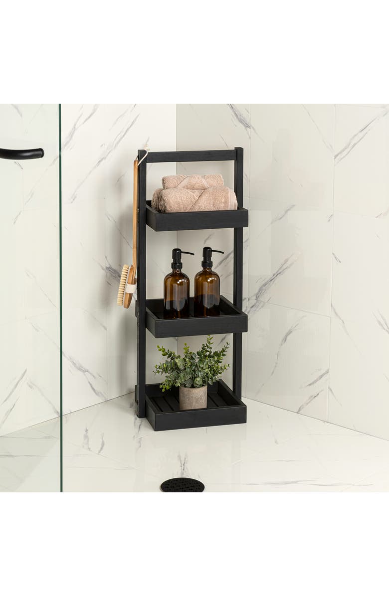 HAPPIMESS Tilly 30" Classic Rustic 3-Tier Acacia Wood Freestanding Bathroom Shower Caddy, Alternate, color, Black