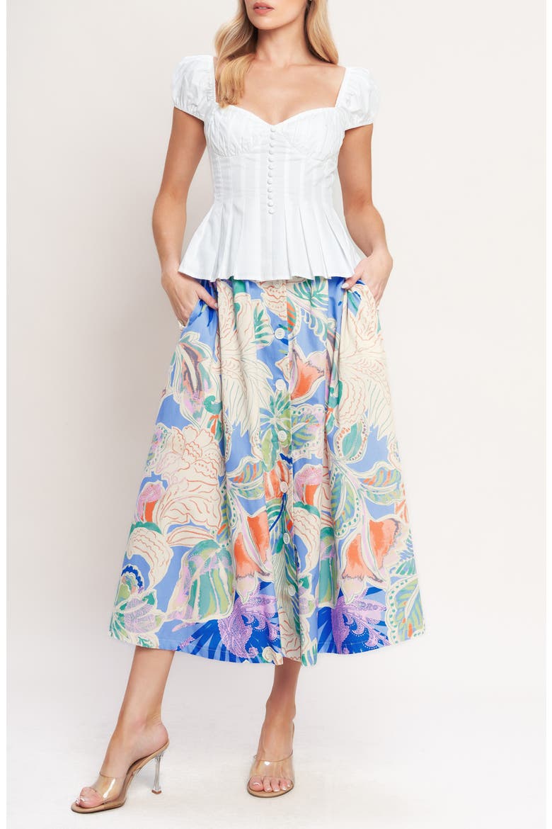 Printed Button Front Midi Skirt, Alternate, color, BLUE MULTI