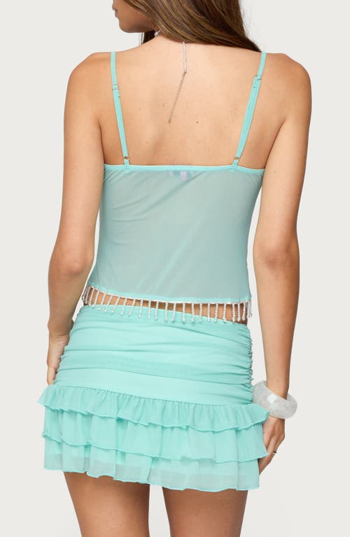 Edikted Enya Beaded Fringe Sheer Mesh Top In Green