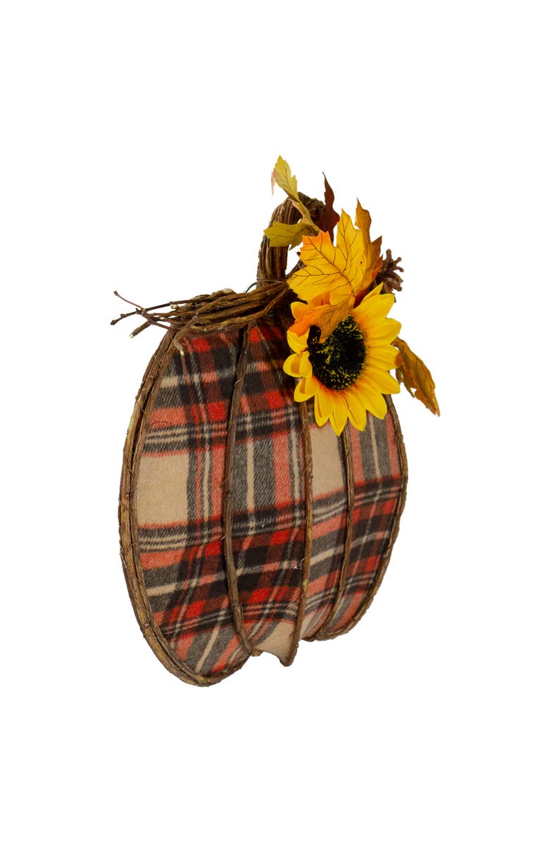 Northlight Pumpkin and Sunflower Plaid 2-D Fall Harvest Wall Decoration - 14" - Red and Beige, Alternate, color, Red