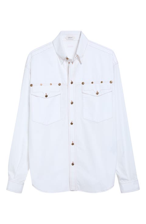 Decorative Topstitch Cotton Poplin Button-Down Shirt