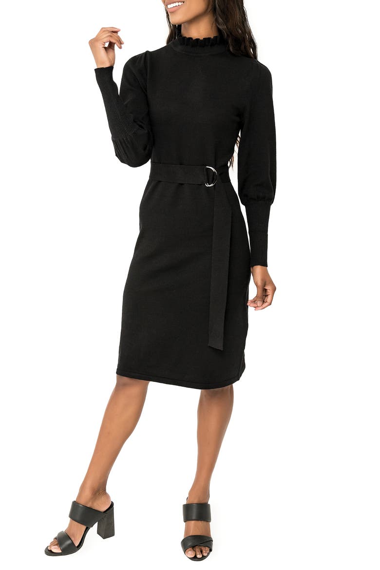 Belted Mock Neck Long Sleeve Sweater Dress, Main, color, BLACK