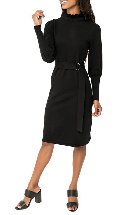 Belted Mock Neck Long Sleeve Sweater Dress