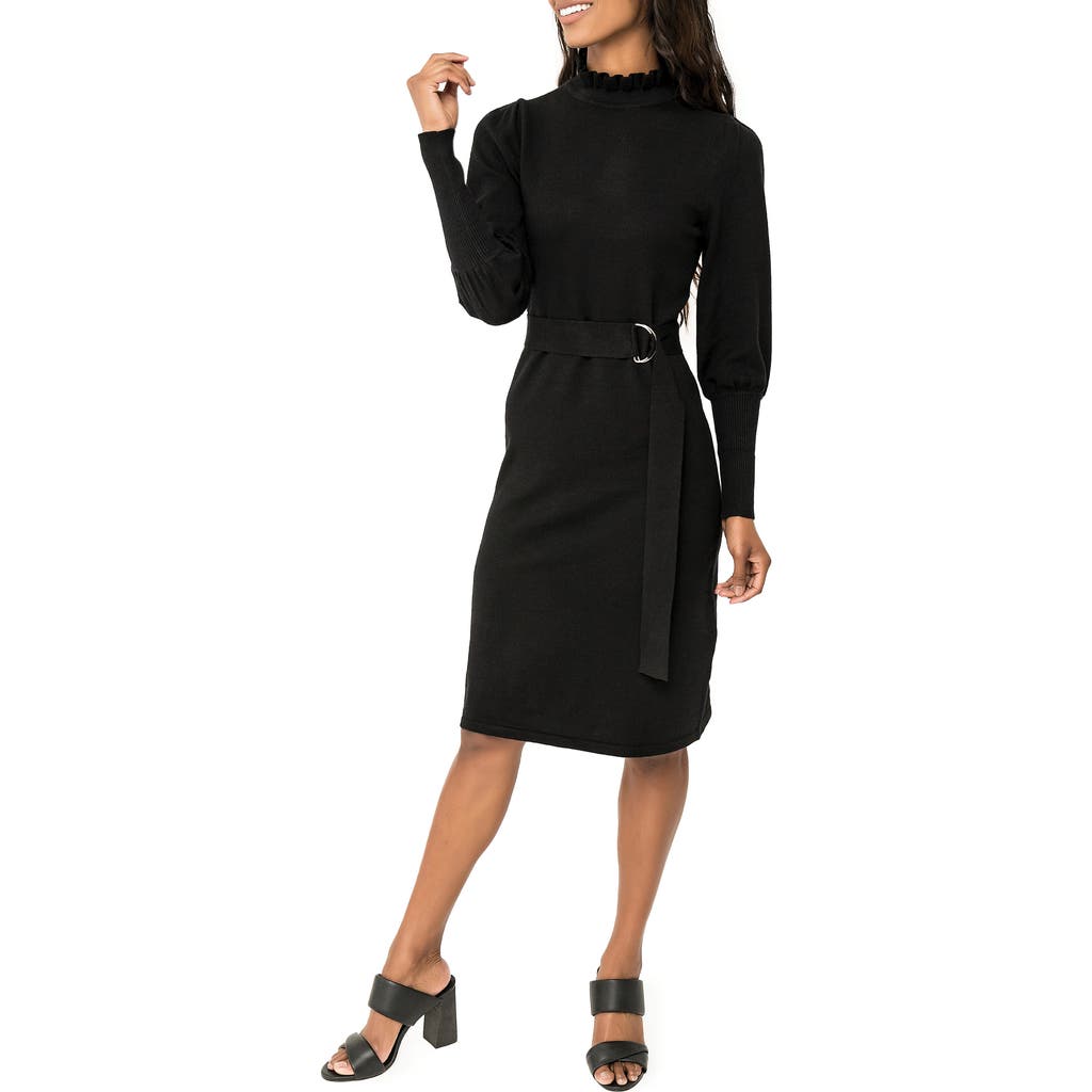 Gibsonlook Belted Mock Neck Long Sleeve Sweater Dress In Black