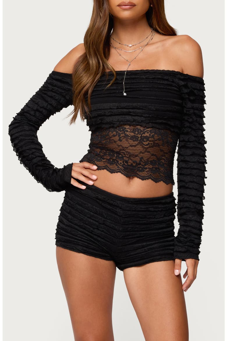 Tauri Ruffle Lace Off the Shoulder Top, Main, color, BLACK