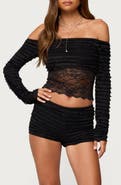EDIKTED Tauri Ruffle Lace Off the Shoulder Top