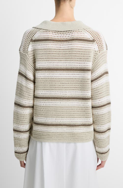 Shop Vince Open Stitch Stripe Polo Sweater In White Stone Combo