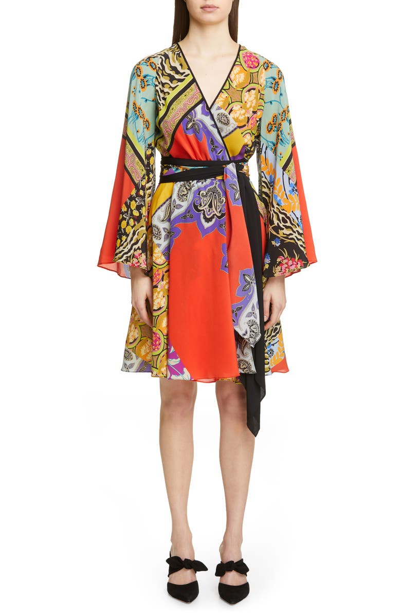 Etro Collage Print Silk Wrap Dress, Main, color, 