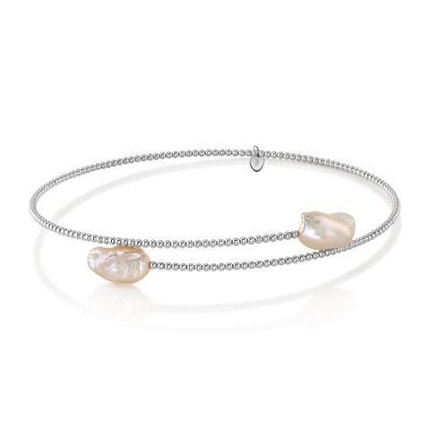 14K Gold White Baroque Freshwater Pearl Beaded Bangle Mira Necklace