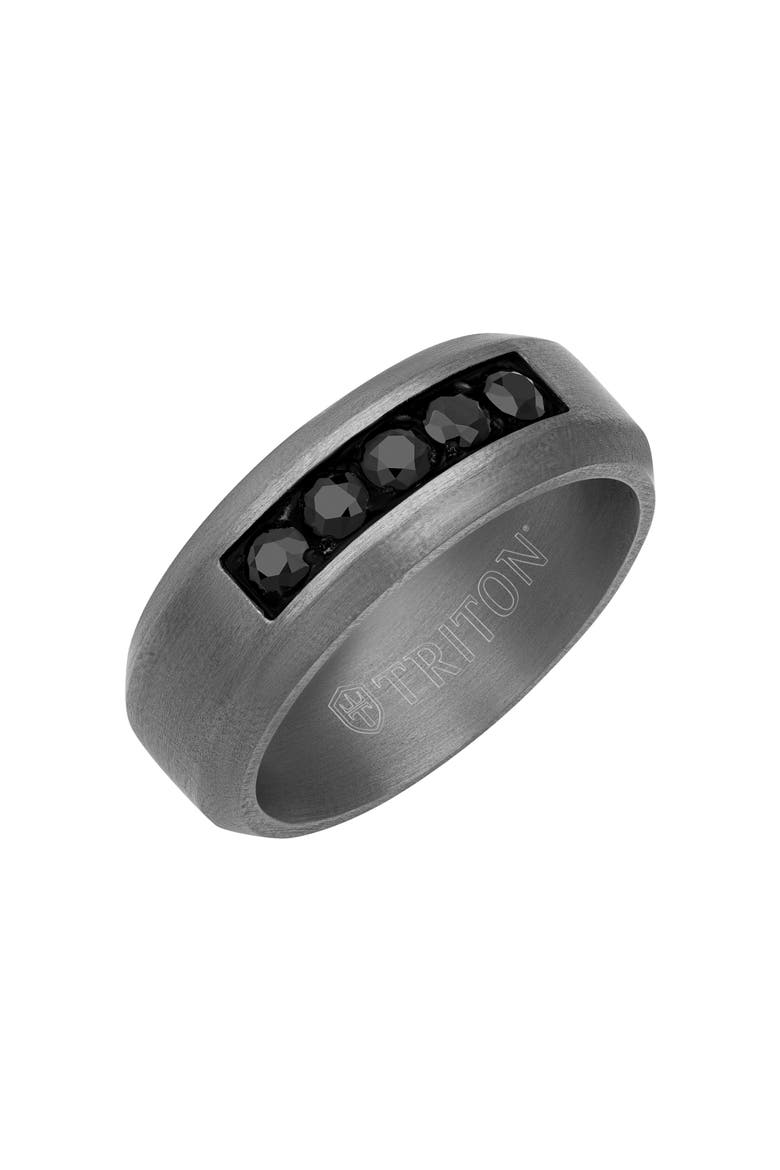 8MM Tantalum Ring with Channel Set Black Sapphires and Bevel Edge, Main, color, Metallic Silver