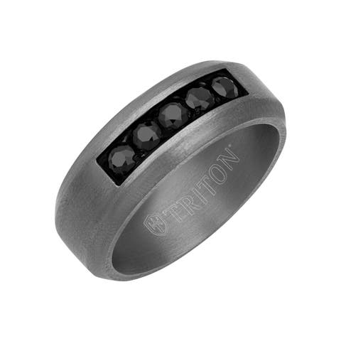 8MM Tantalum Ring with Channel Set Black Sapphires and Bevel Edge