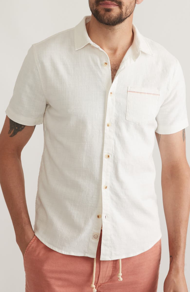 Marine Layer Classic Solid Short Sleeve Stretch Cotton Selvage Button-Up Shirt, Alternate, color, Natural