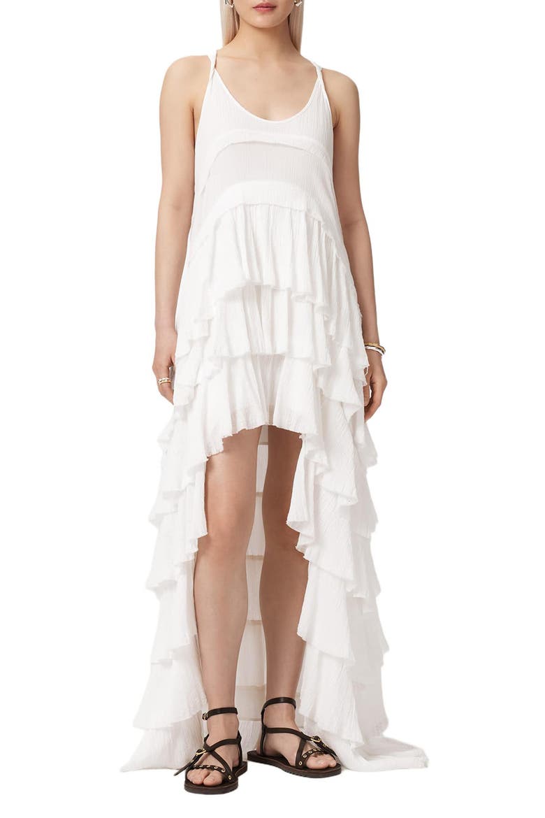 Cavarly High Low Ruffled Cotton Crepe Dress, Main, color, WHITE