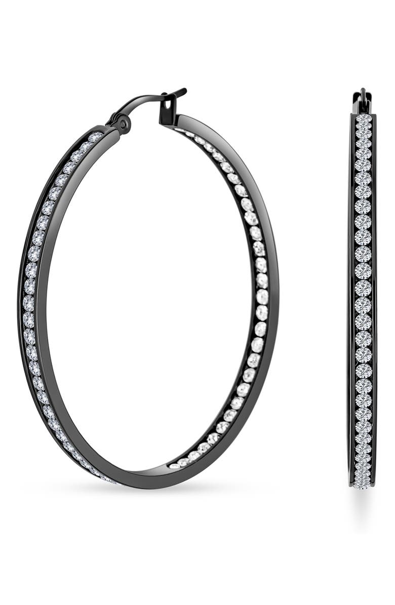 BLING JEWELRY Rhodium Plated Stainless Steel Black & CZ Hoop Earrings, Alternate, color, 