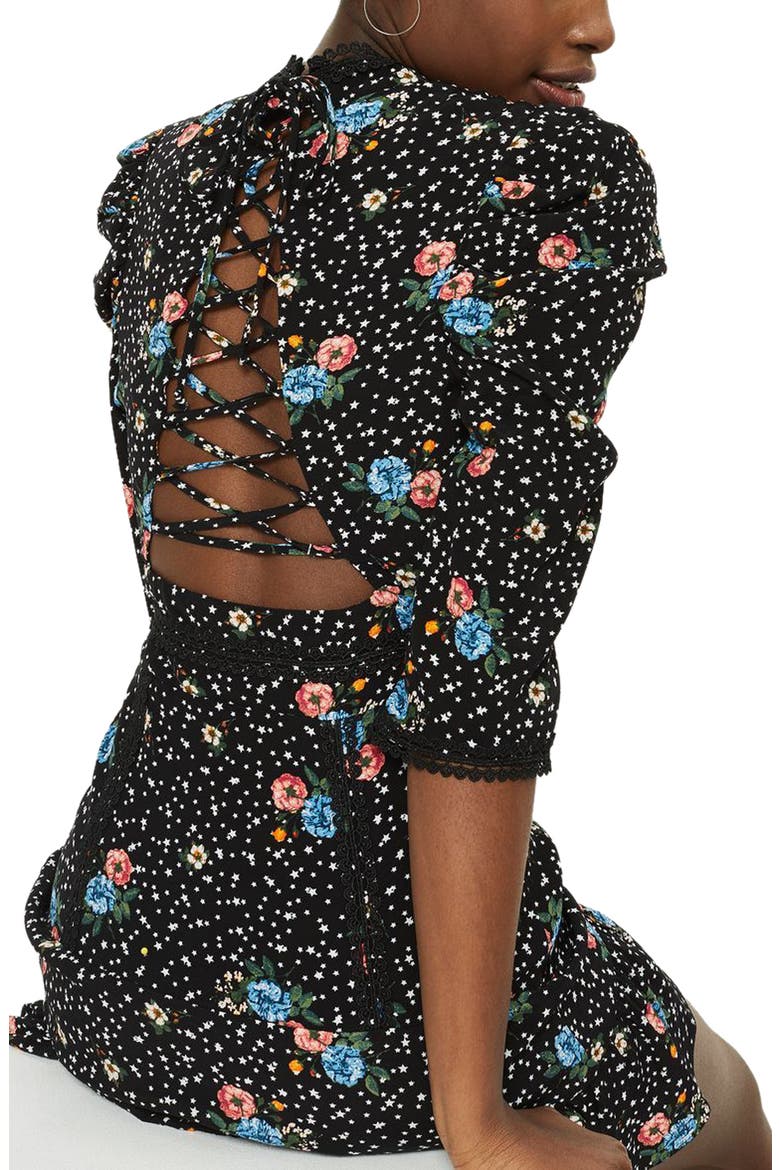 Lace-Up Back Floral Dress, Alternate, color, BLACK MULTI
