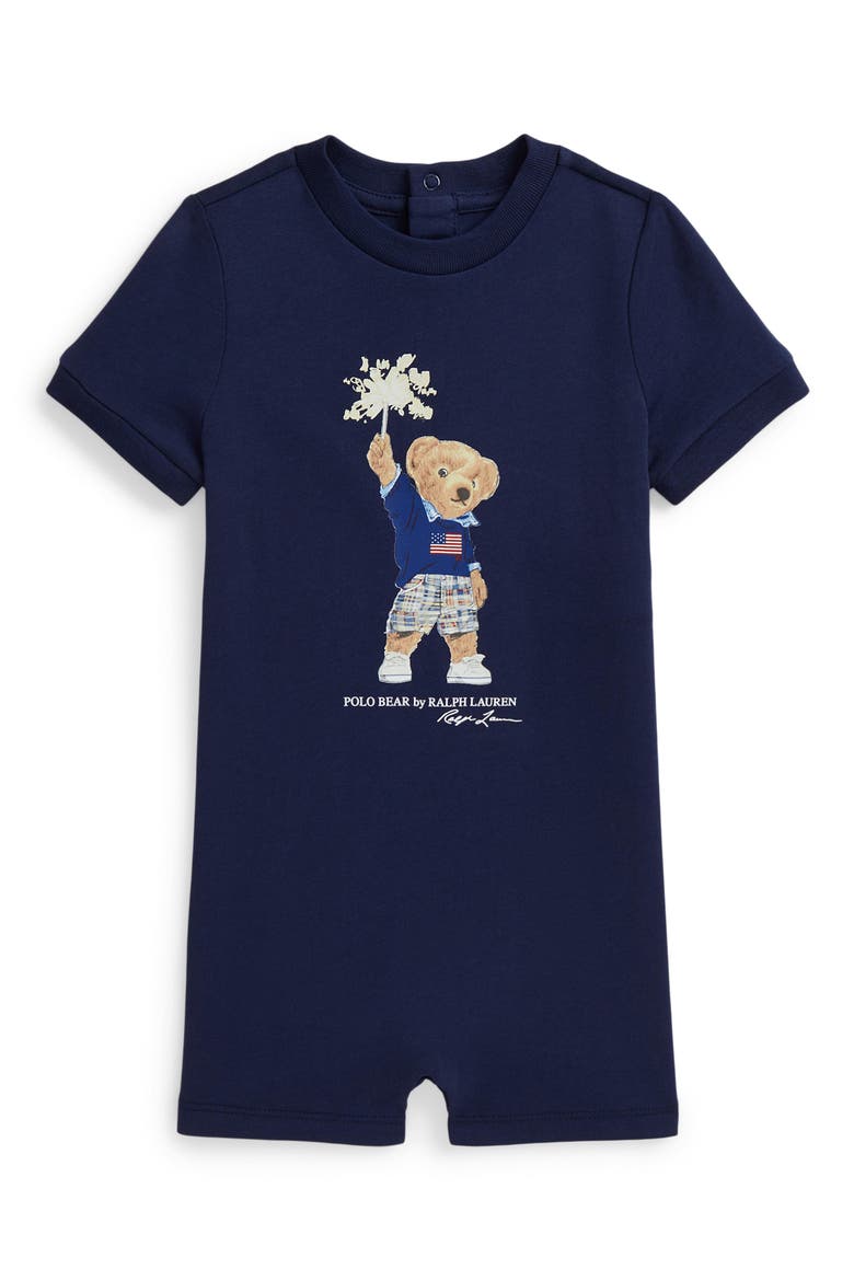 Sparkler Bear Cotton Graphic Romper, Main, color, PF24 SPRING NAVY HYANNIS BEAR