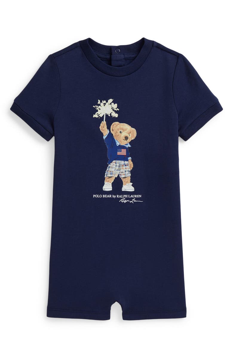 Ralph Lauren Sparkler Bear Cotton Graphic Romper, Main, color, 