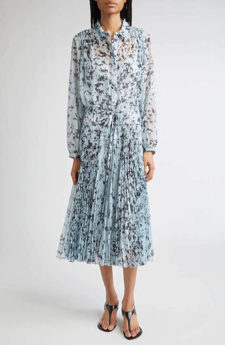 Proenza Schouler Jones Long Sleeve Pleated Crinkle Chiffon Shirtdress, Main, color, Sky Blue Multi