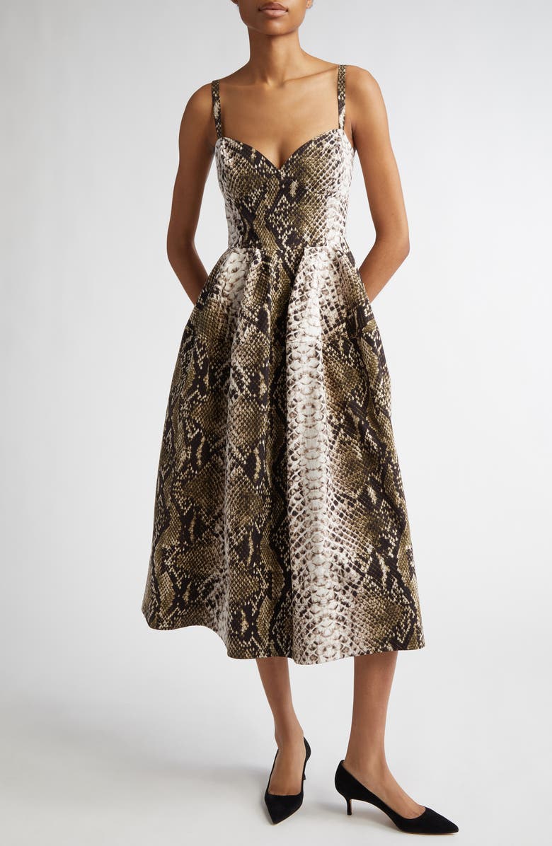 Oscar de la Renta Snakeskin Print Stretch Poplin Midi Dress, Main, color, 