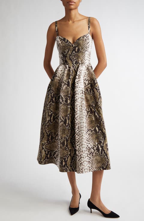 Snakeskin Print Stretch Poplin Midi Dress