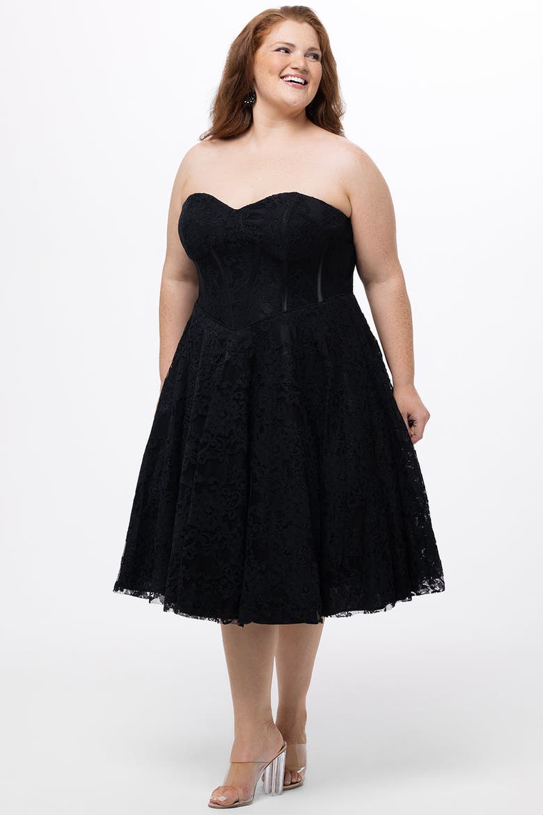 Sweetheart Strapless Lace Bustier Plus Size Party Dress, Alternate, color, Black