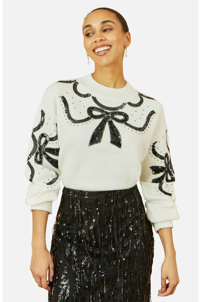 Sequinned Bow Neckline Sweater, Main, color, White