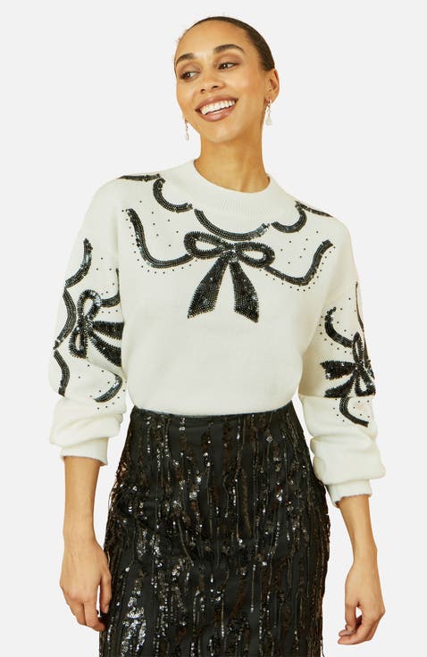 Sequinned Bow Neckline Sweater