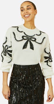 Yumi Sequinned Bow Neckline Sweater