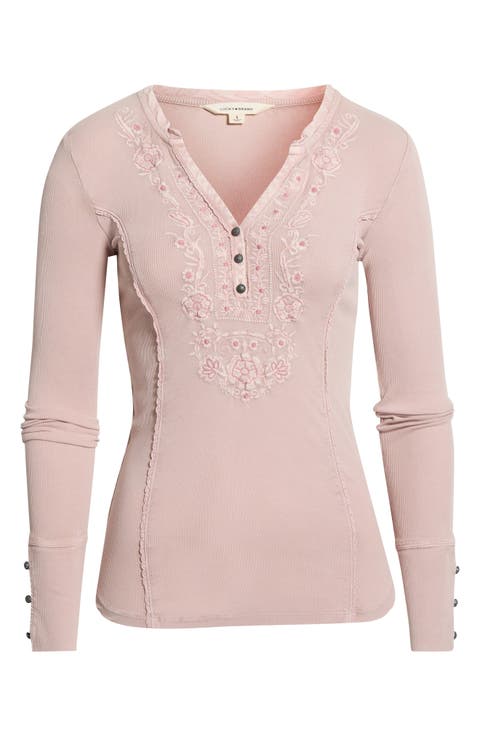 Floral Appliqué Cotton Henley Top