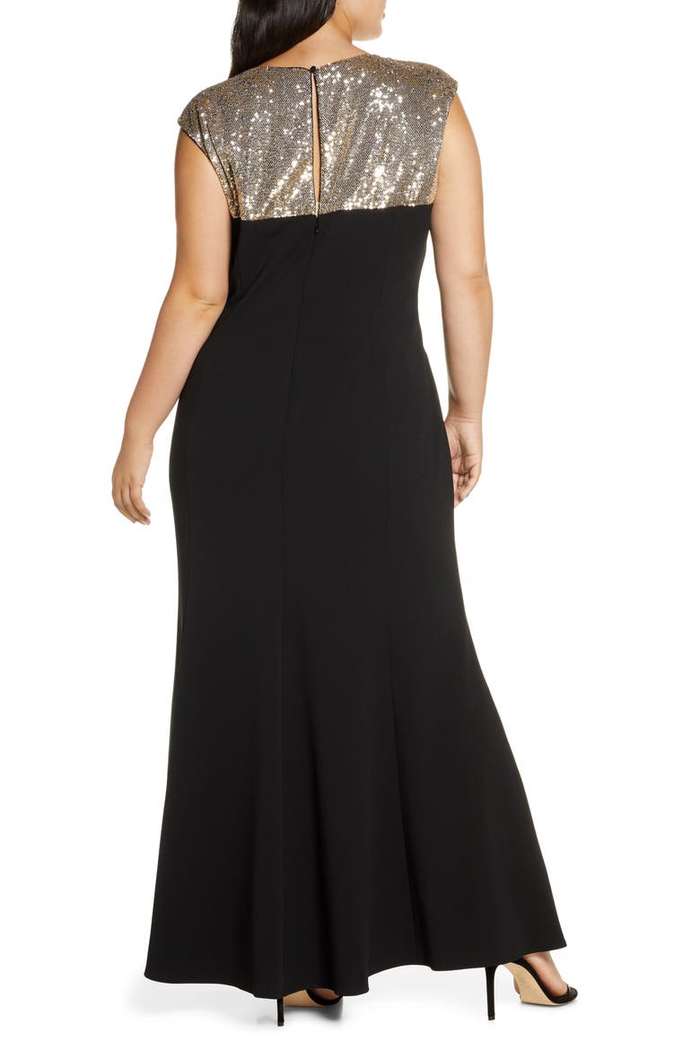 Sequin Yoke Scuba Crepe Trumpet Gown, Alternate, color, BLACK GOLD