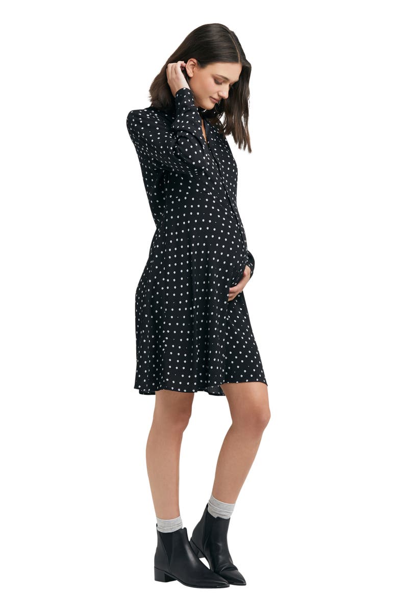 Ripe Maternity Fifi Polka Dot Long Sleeve Maternity//Nursing Shirtdress, Alternate, color, Black
