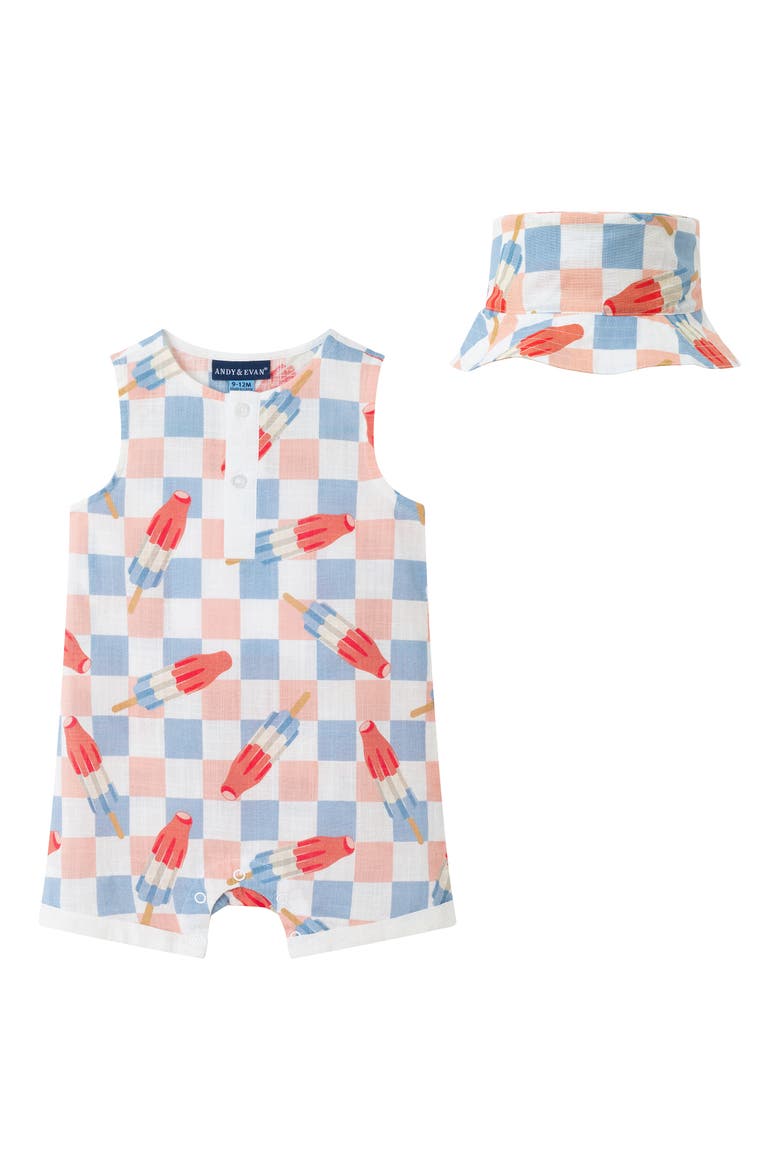 Print Sleeveless Romper & Bucket Hat Set, Main, color, WHITE