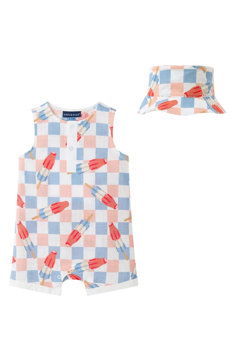 Andy & Evan Print Sleeveless Romper & Bucket Hat Set, Main, color, White