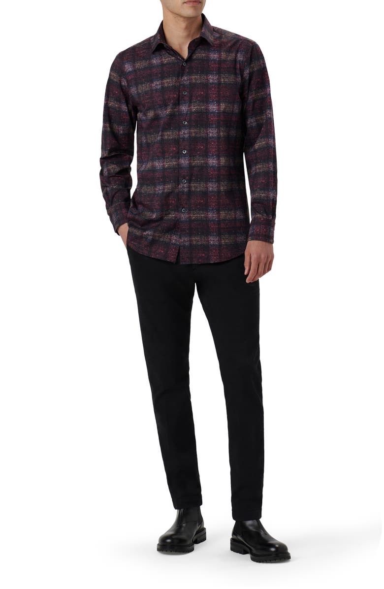 Bugatchi Julian Shaped Fit Distressed Plaid Stretch Cotton Button-Up Shirt, Alternate, color, Burgundy