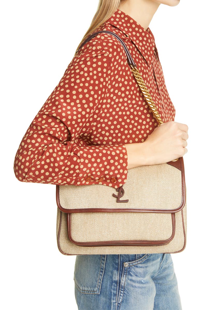 Saint Laurent Medium Niki Linen Canvas & Leather Shoulder Bag, Alternate, color,