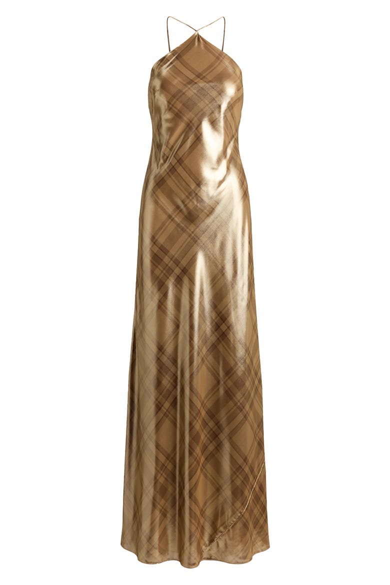 Plaid Metallic Chiffon Halter Neck Gown, Alternate, color, BROWN/ CAMEL MULTI