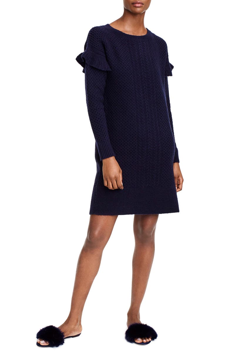J.Crew Holden Ruffle Sleeve Cable Knit Sweater Dress, Main, color, 