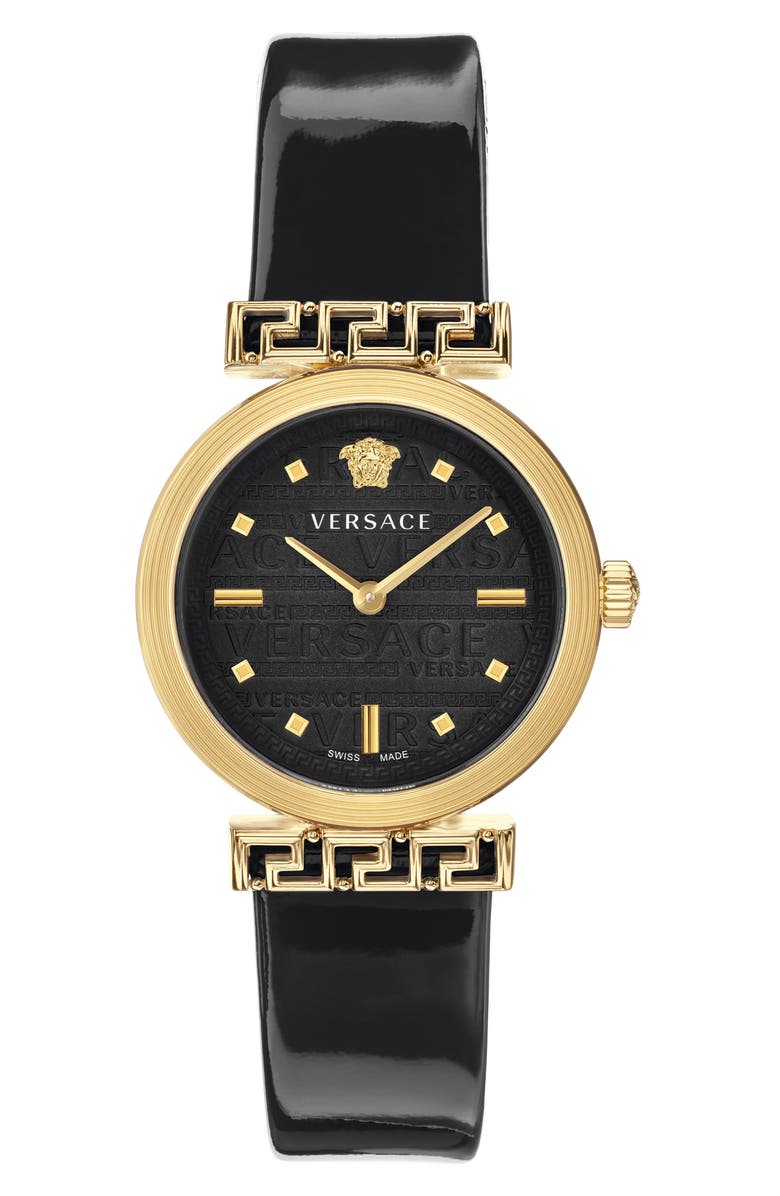 Versace Greca Detailed Leather Strap Watch, 34mm, Main, color, 