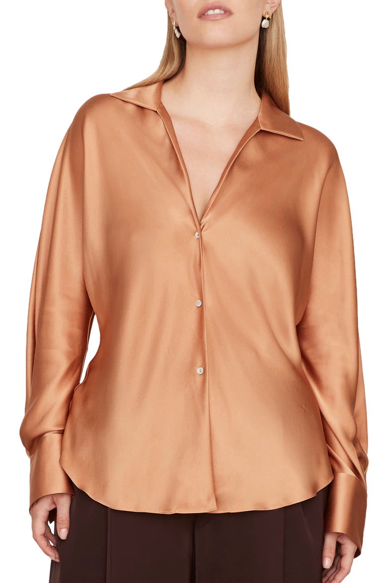 Fitted Silk Button-Up Blouse, Main, color, NECTARINE