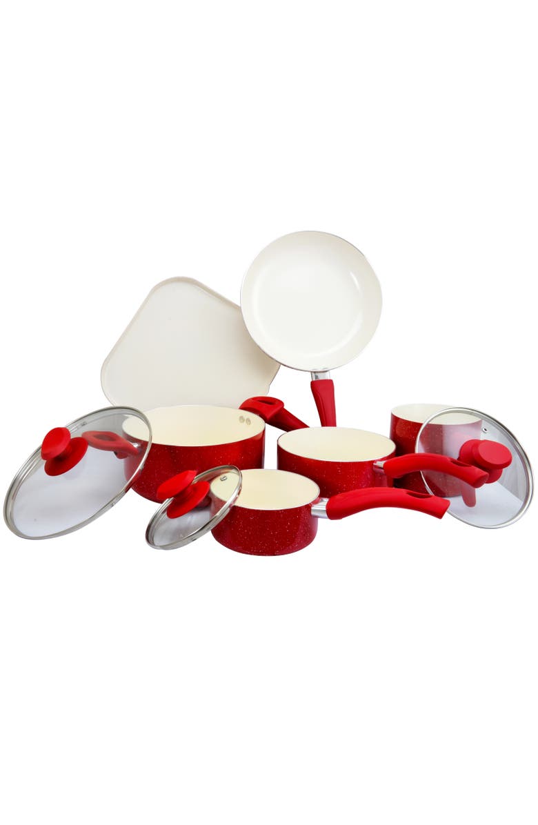 Oster Cocina Cocina San Jacinto Aluminum Cookware Set Speckled Finish, Set of 9, Main, color, Red